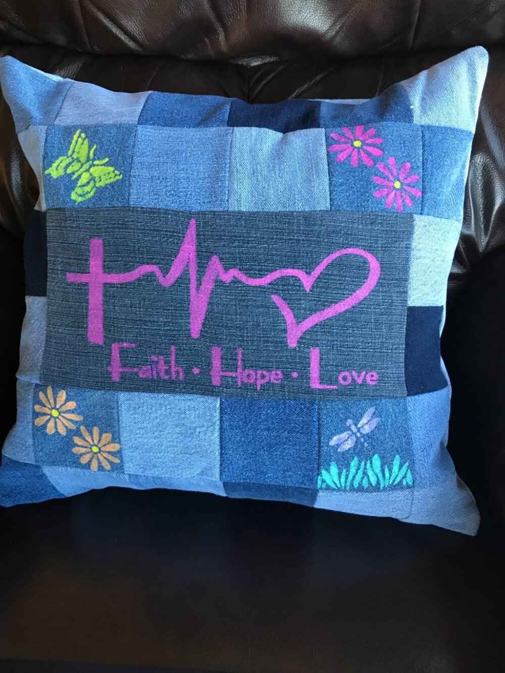 Patchwork Pillow Cover 18 x 18, Hand Painted Christian Faith Inspirational Decor